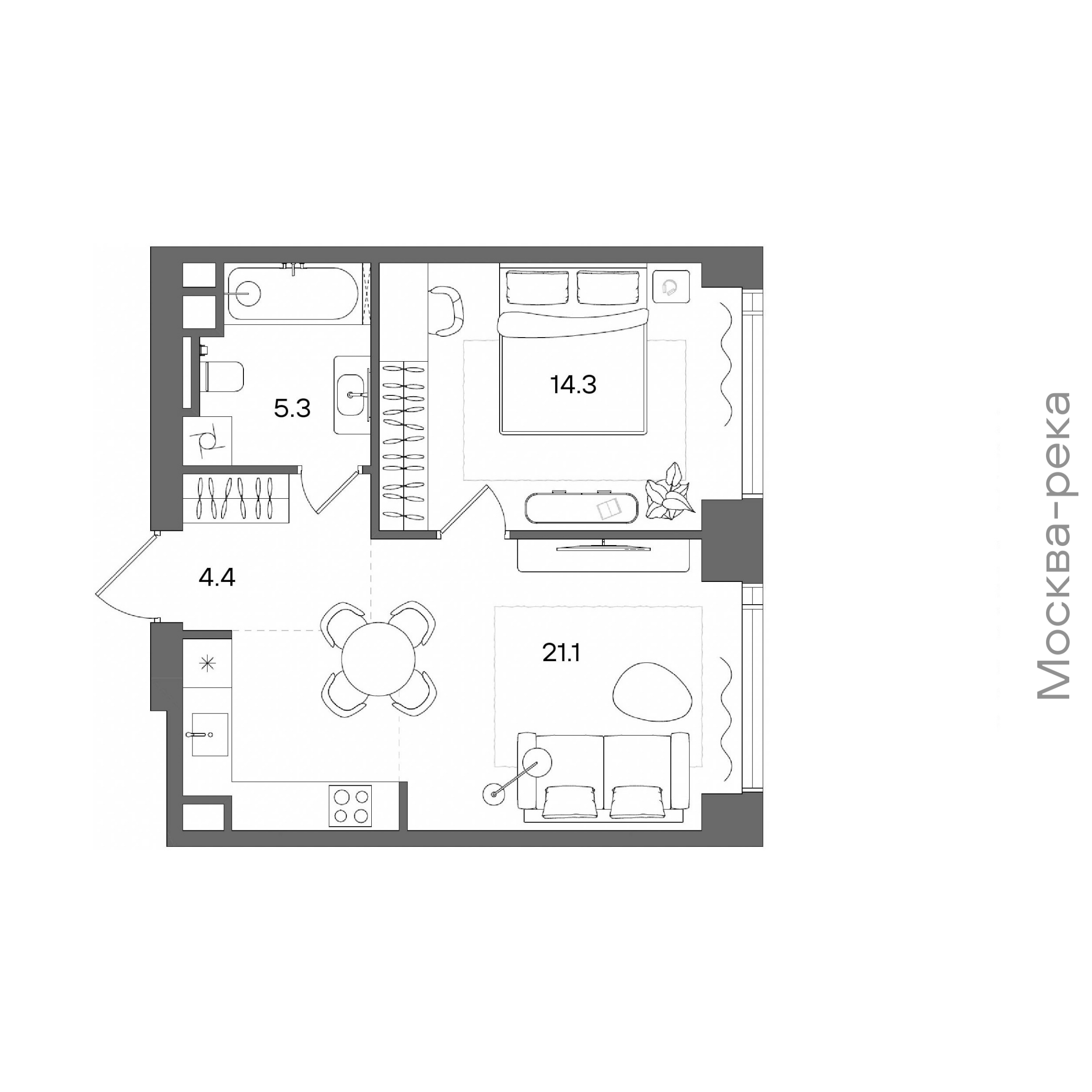 Официальная планировка STONE Blik, 45,1 м²