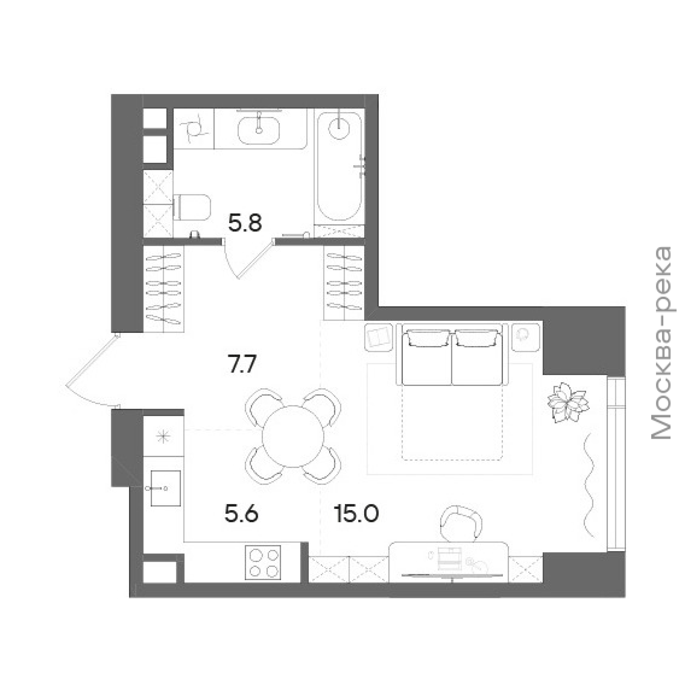 Официальная планировка STONE Blik, 34,5 м²
