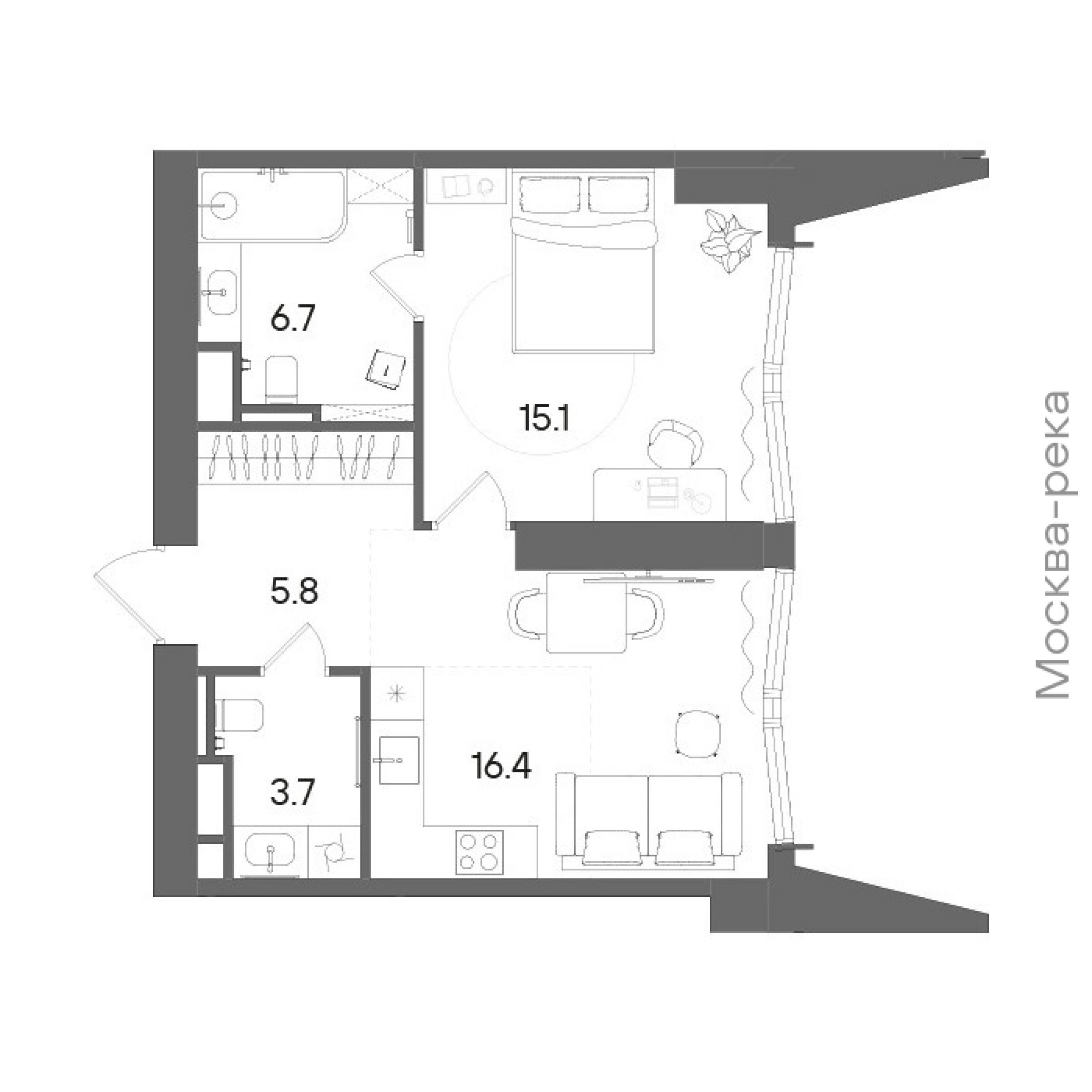 Официальная планировка STONE Blik, 47,5 м²