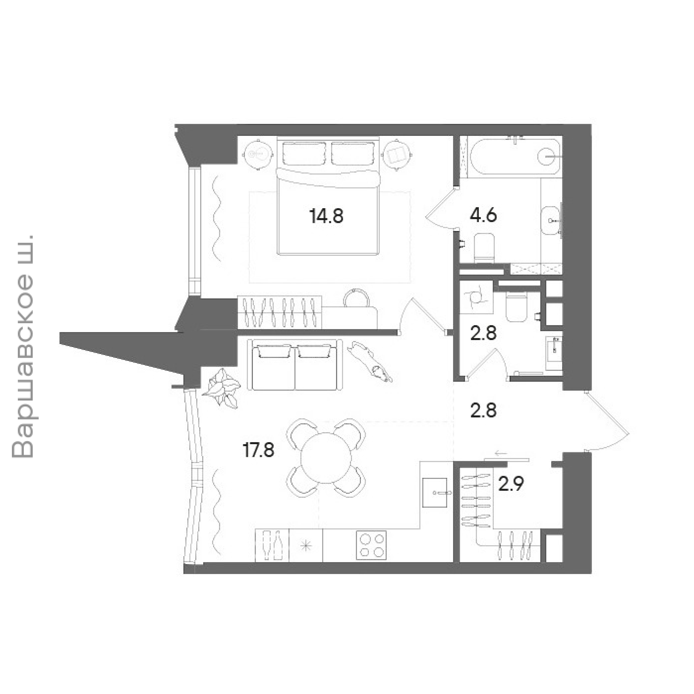 Официальная планировка STONE Blik, 45,5 м²