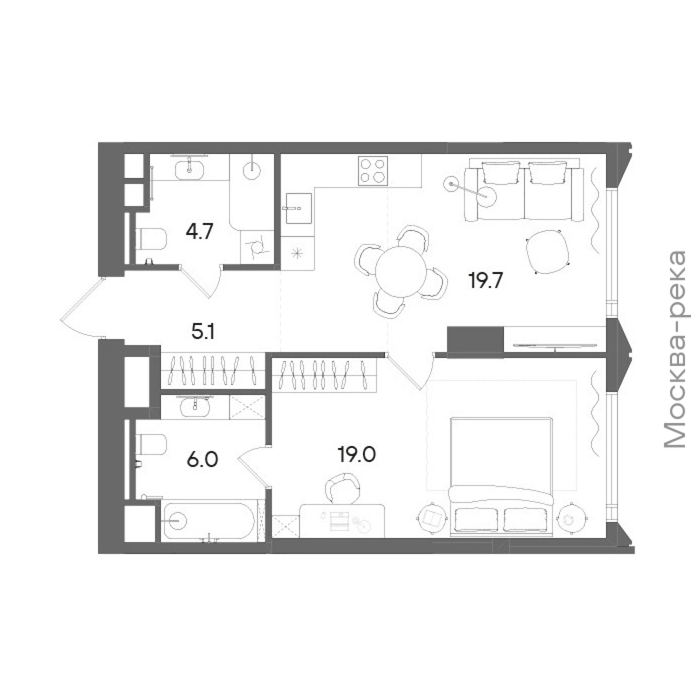 Официальная планировка STONE Blik, 54,5 м²