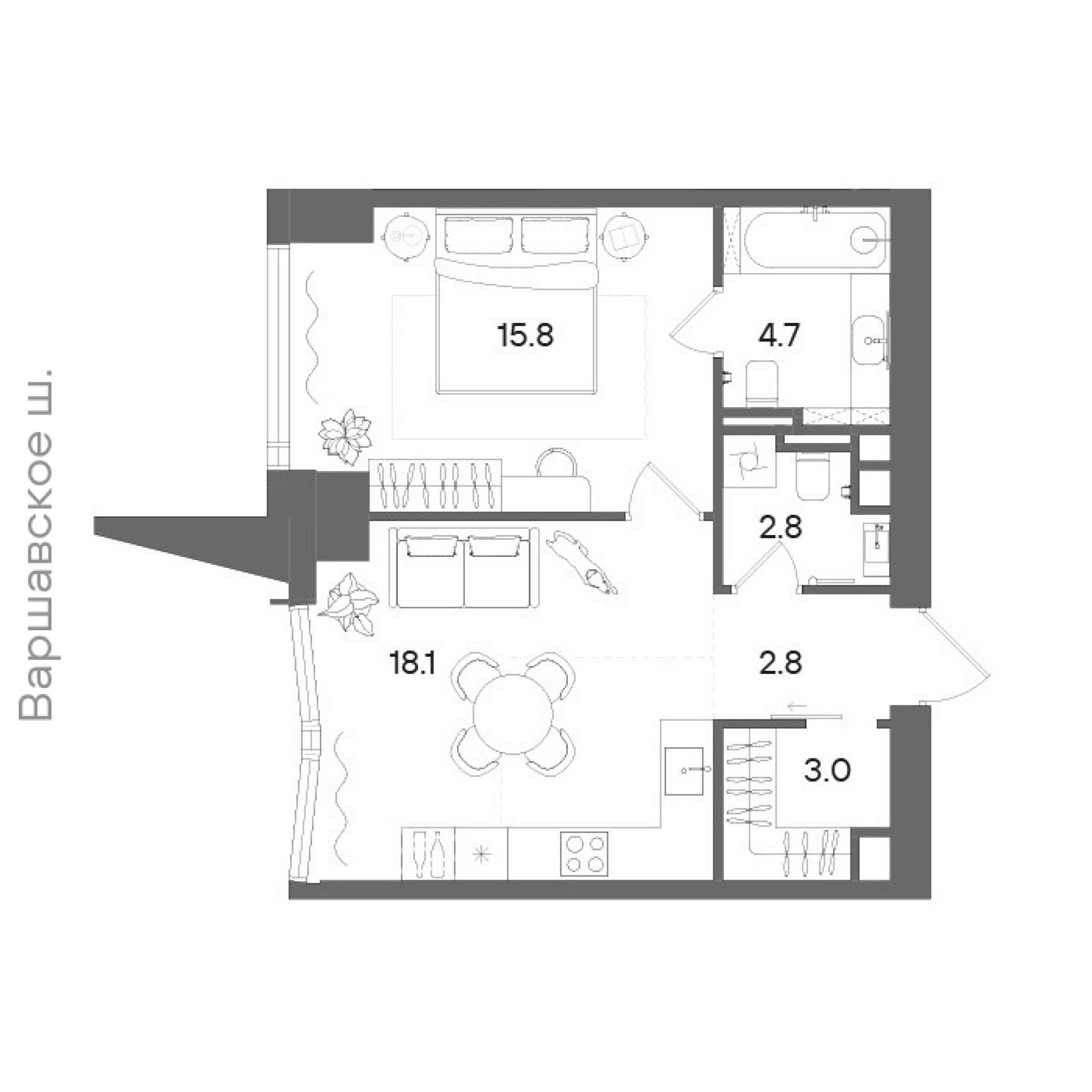 Официальная планировка STONE Blik, 47,1 м²
