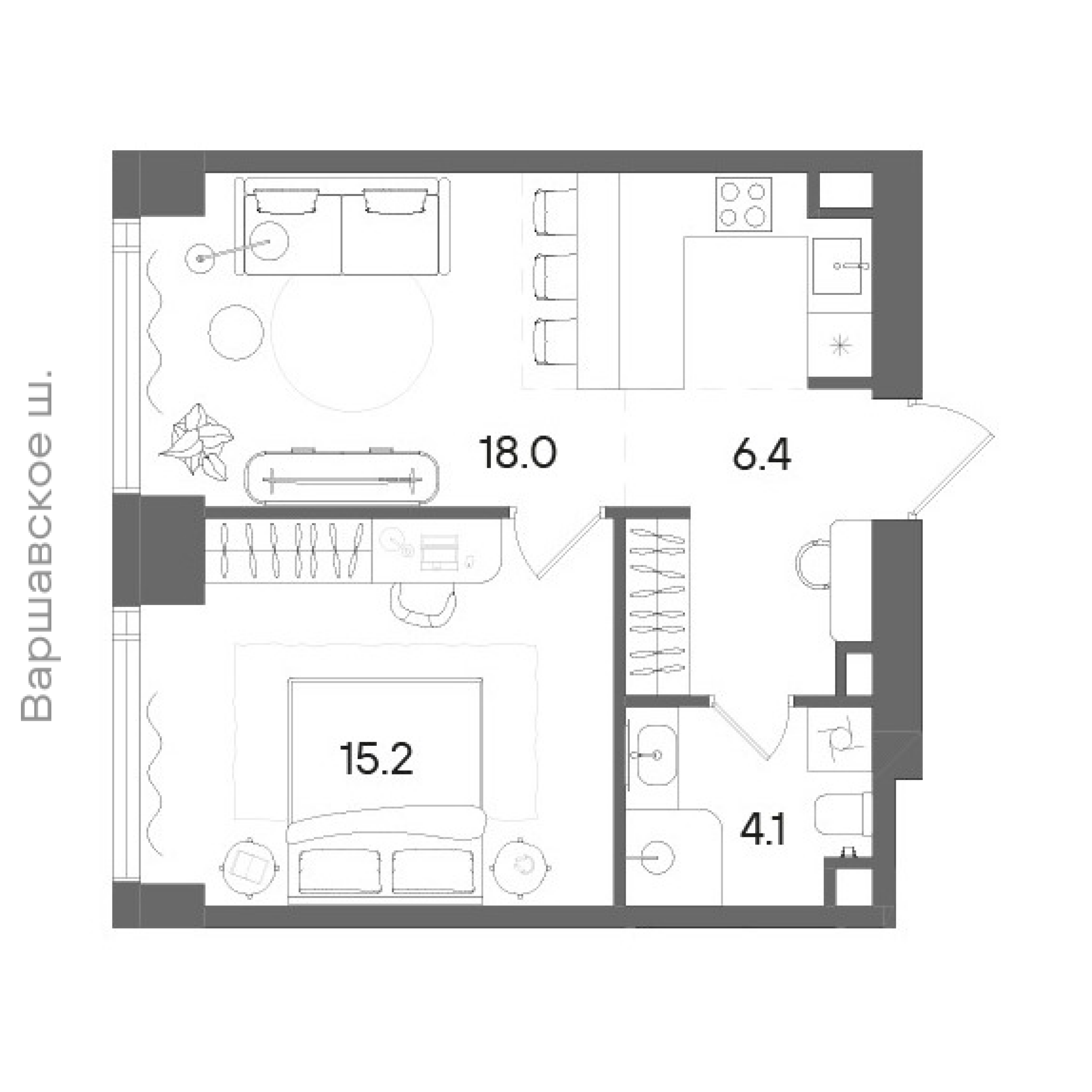 Официальная планировка STONE Blik, 43,7 м²