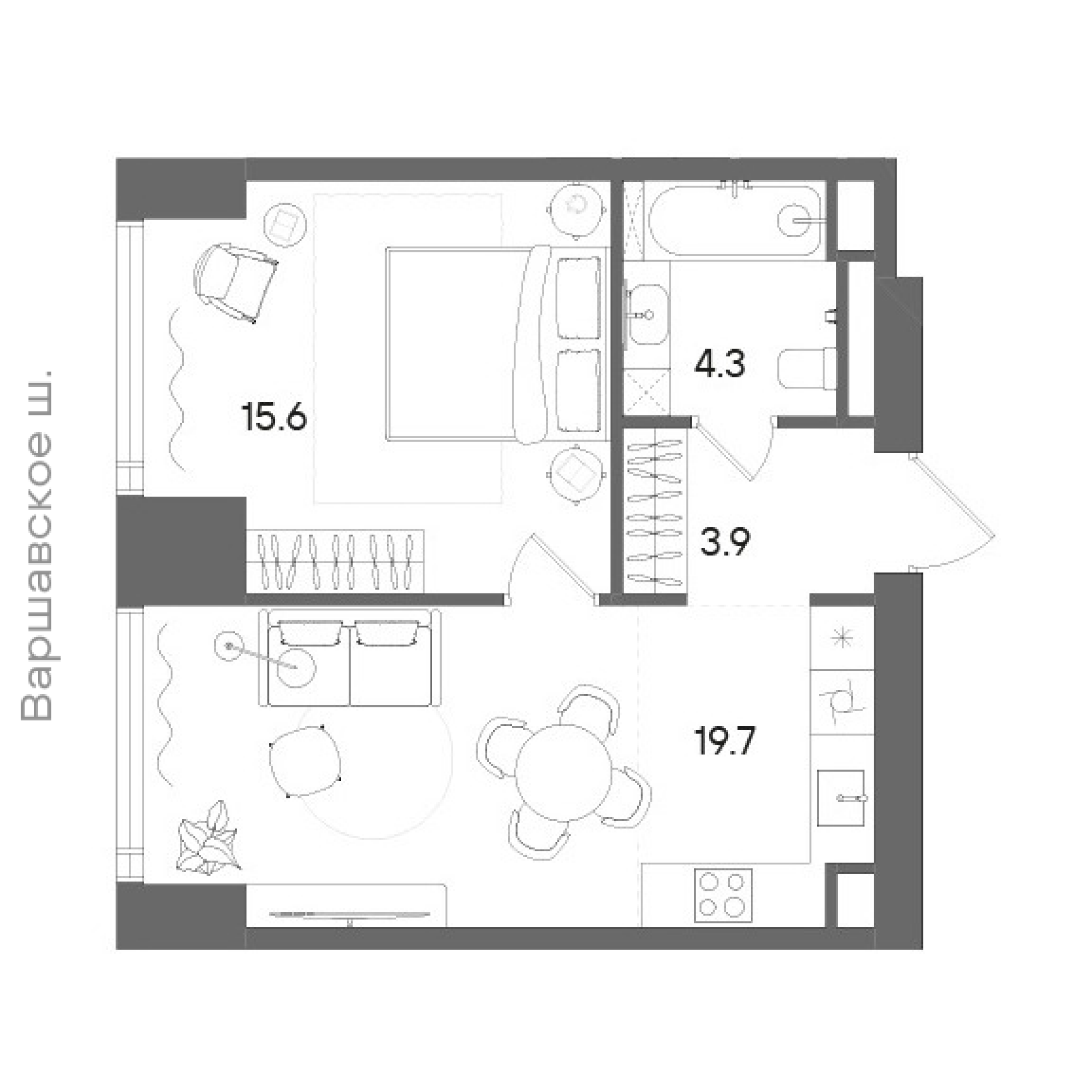 Официальная планировка STONE Blik, 43,9 м²
