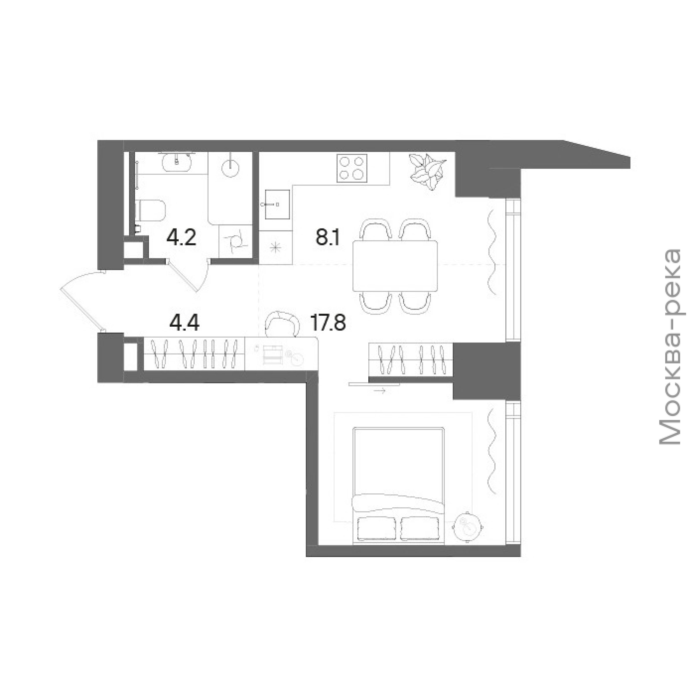 Официальная планировка STONE Blik, 34,8 м²