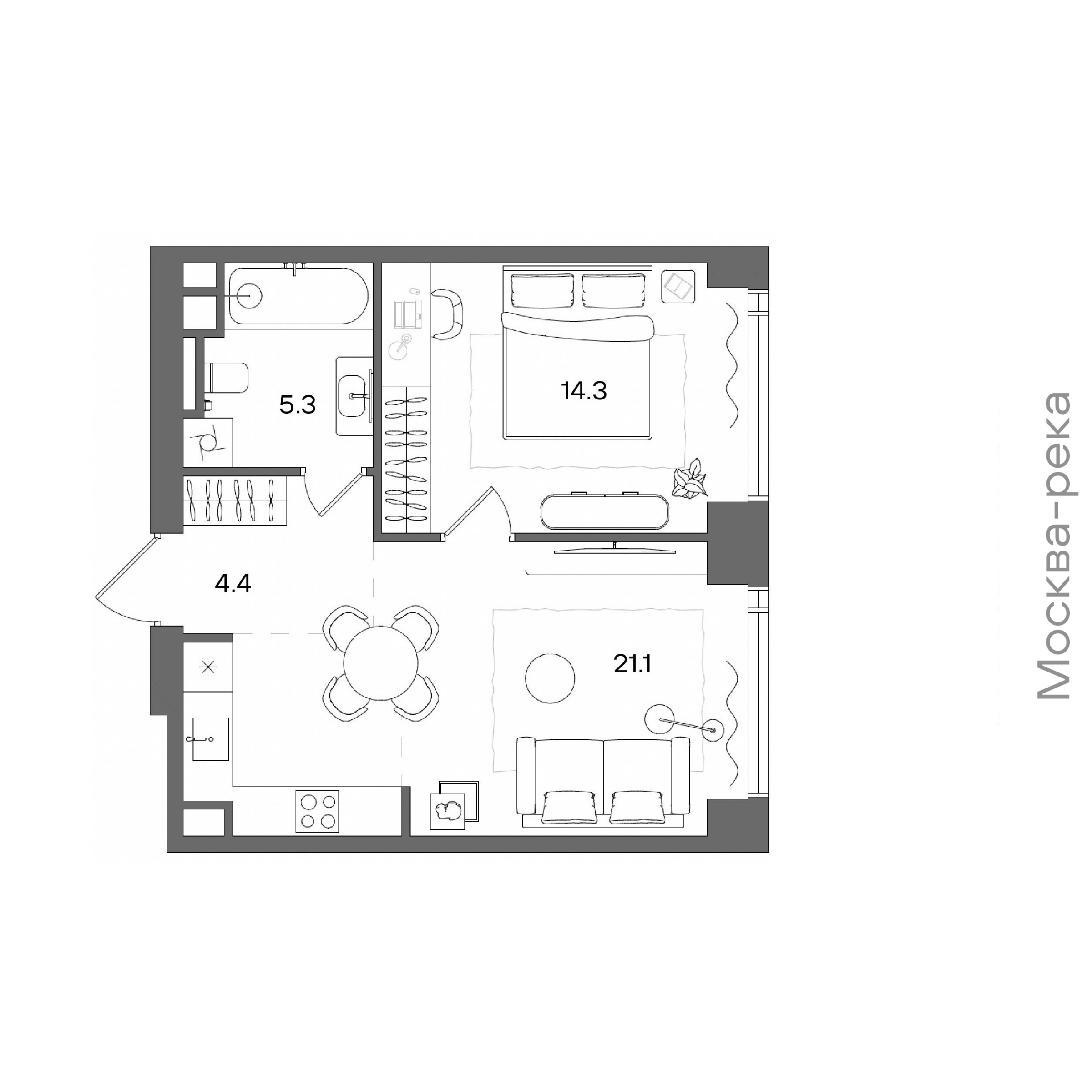 Официальная планировка STONE Blik, 45,1 м²