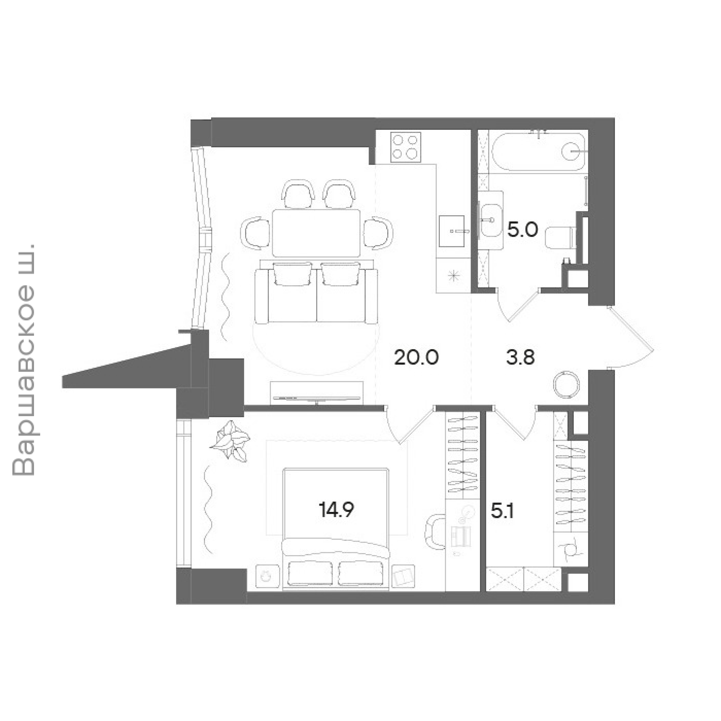 Официальная планировка STONE Blik, 48,7 м²