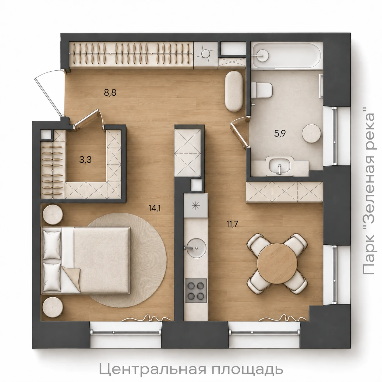 AI-иллюстрация планировки Стоун Райз 43,8 м²