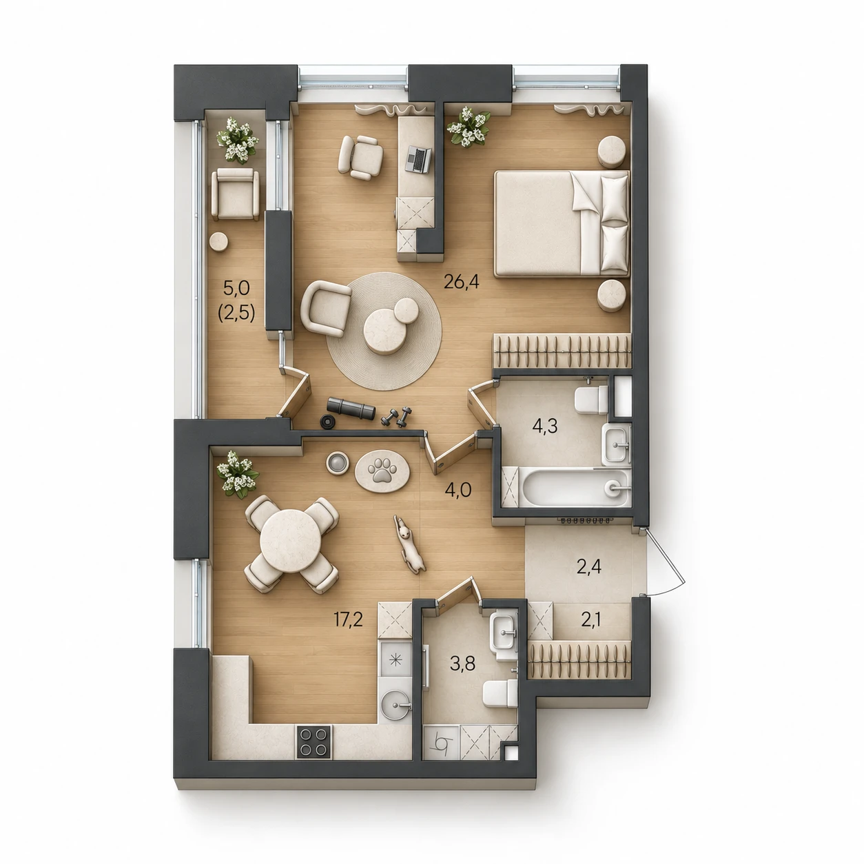 AI-иллюстрация планировки Стоун Райз 62,7 м²