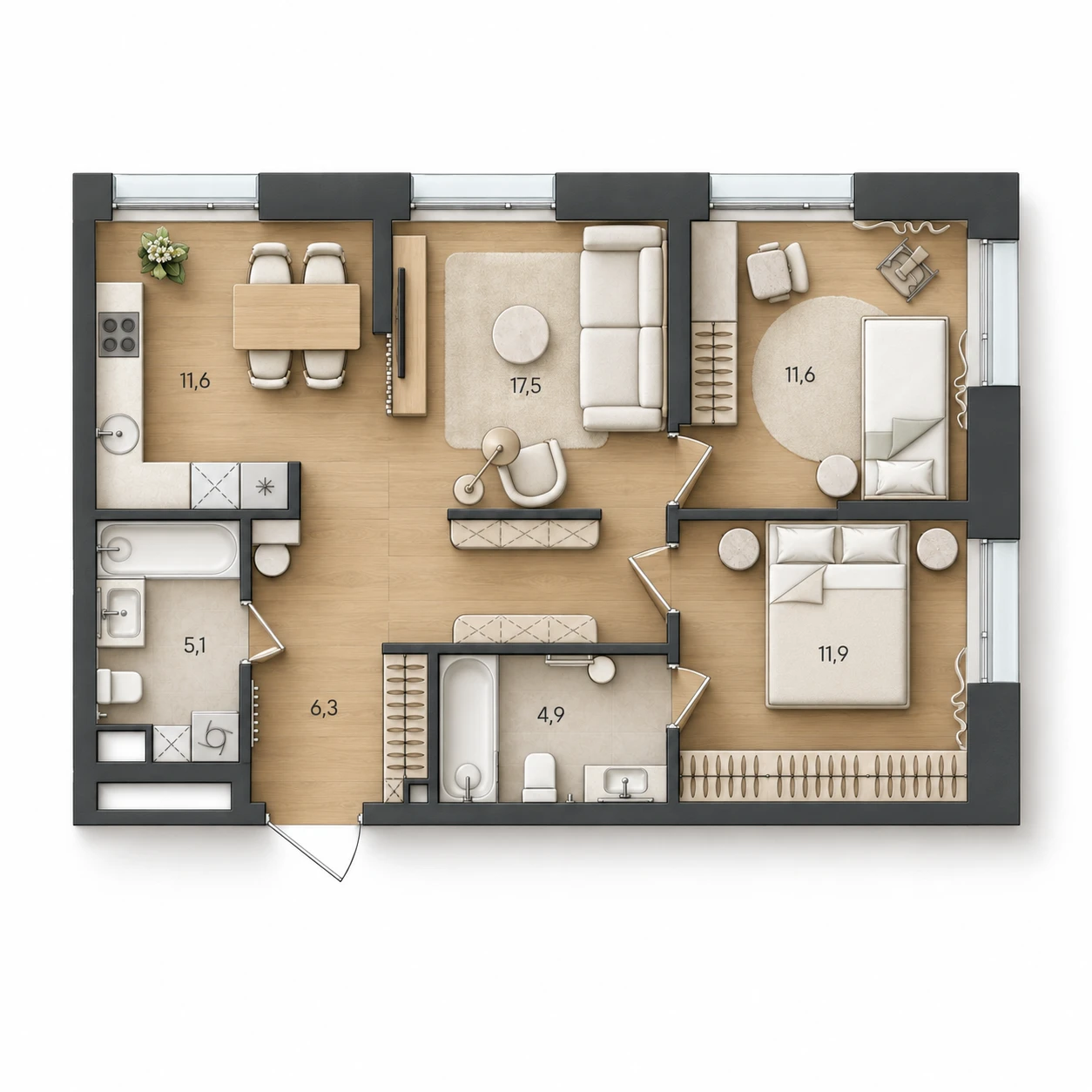 AI-иллюстрация планировки Стоун Райз 68,9 м²