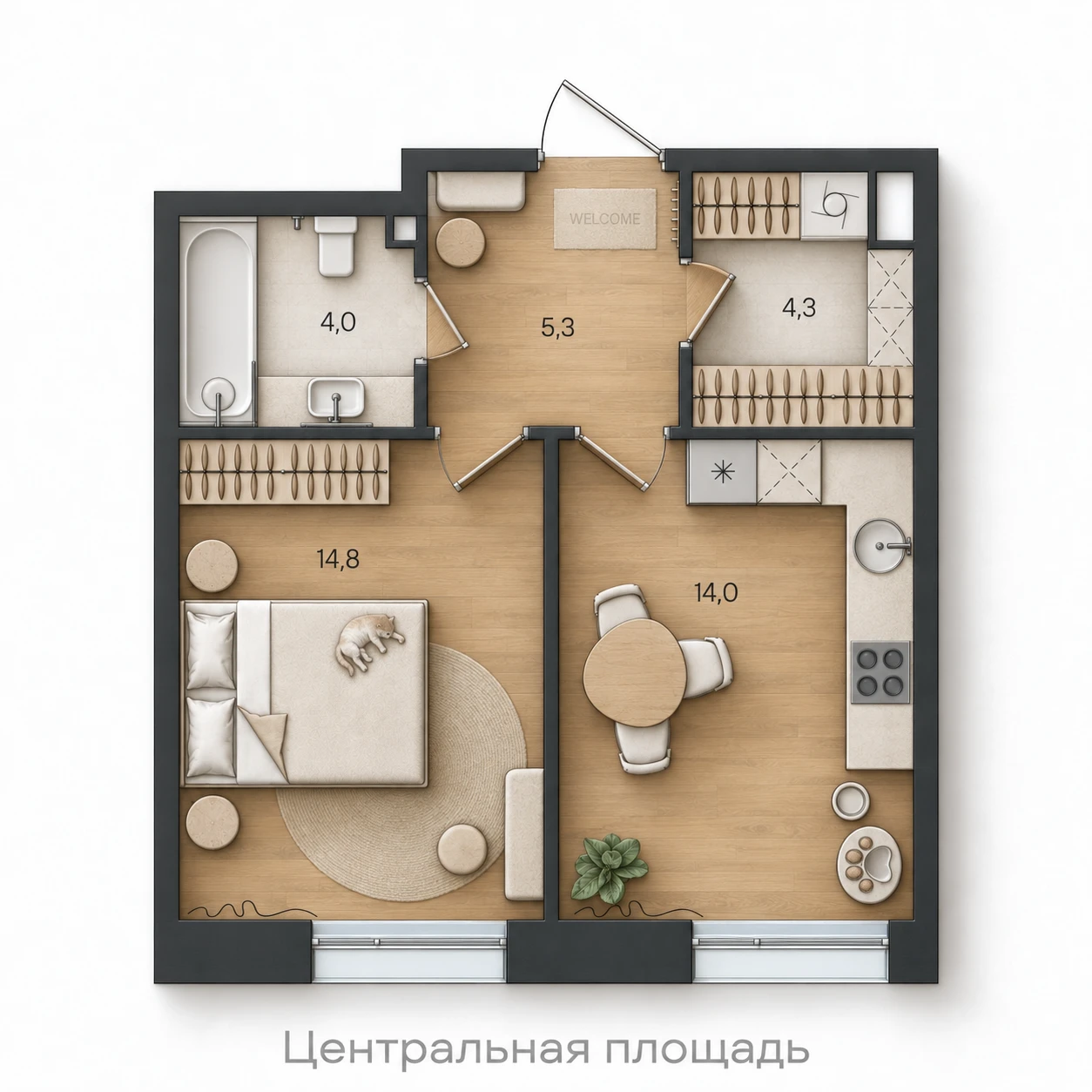 AI-иллюстрация планировки Стоун Райз 42,4 м²