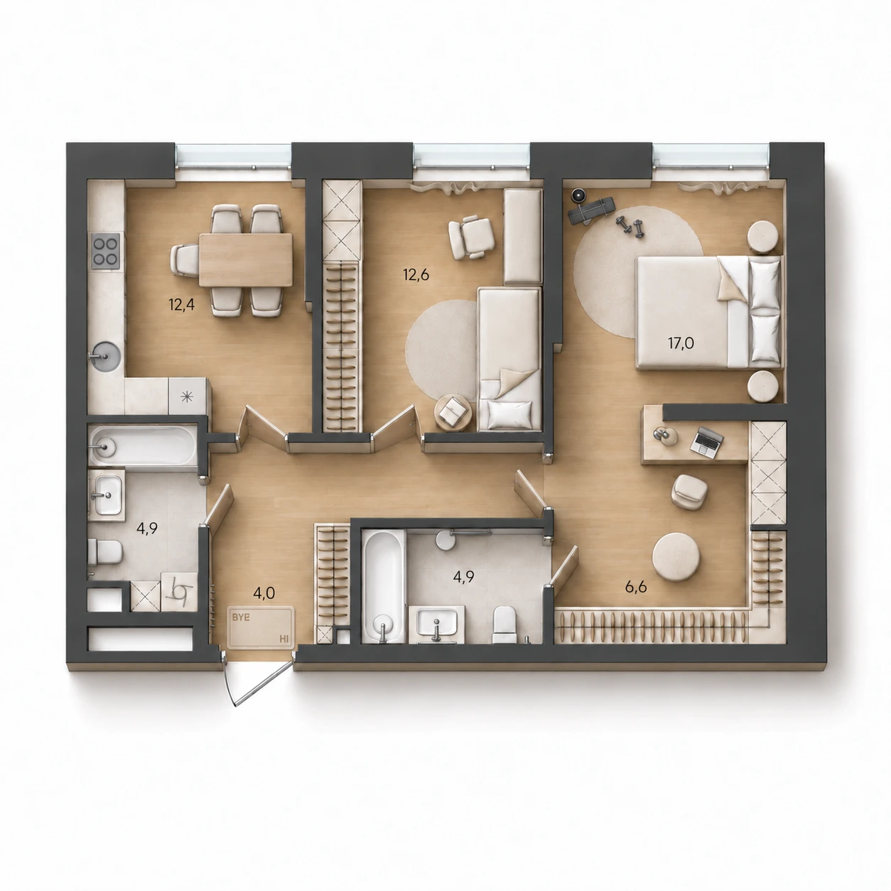AI-иллюстрация планировки Стоун Райз 68,5 м²