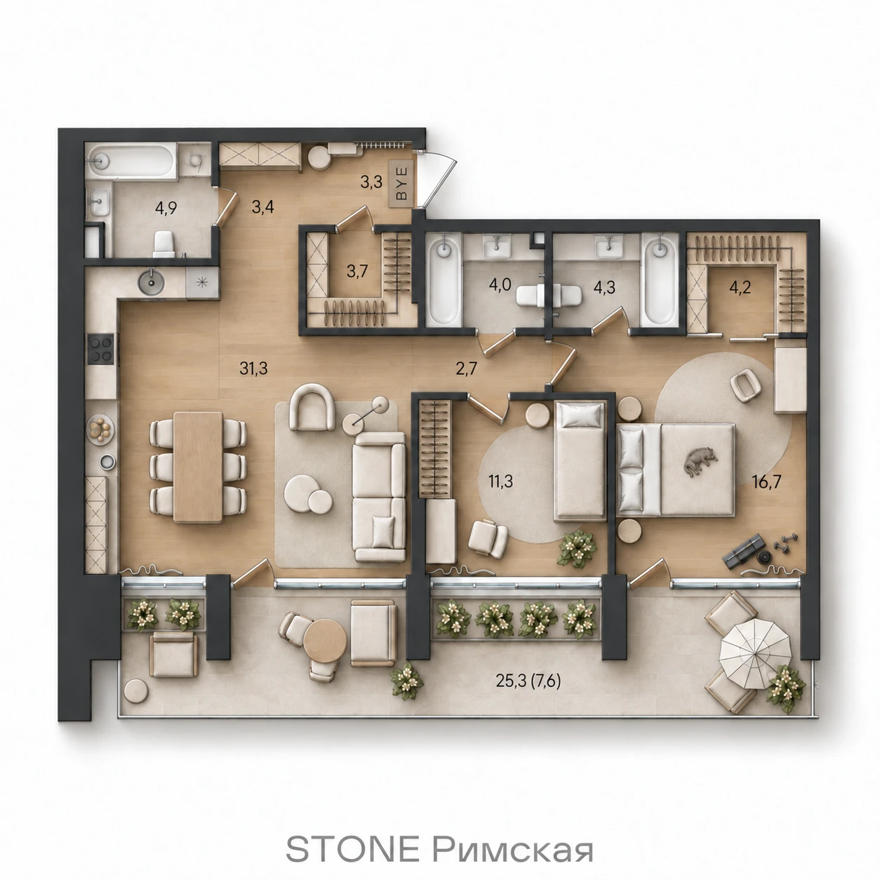 AI-иллюстрация планировки Стоун Райз 97,4 м²