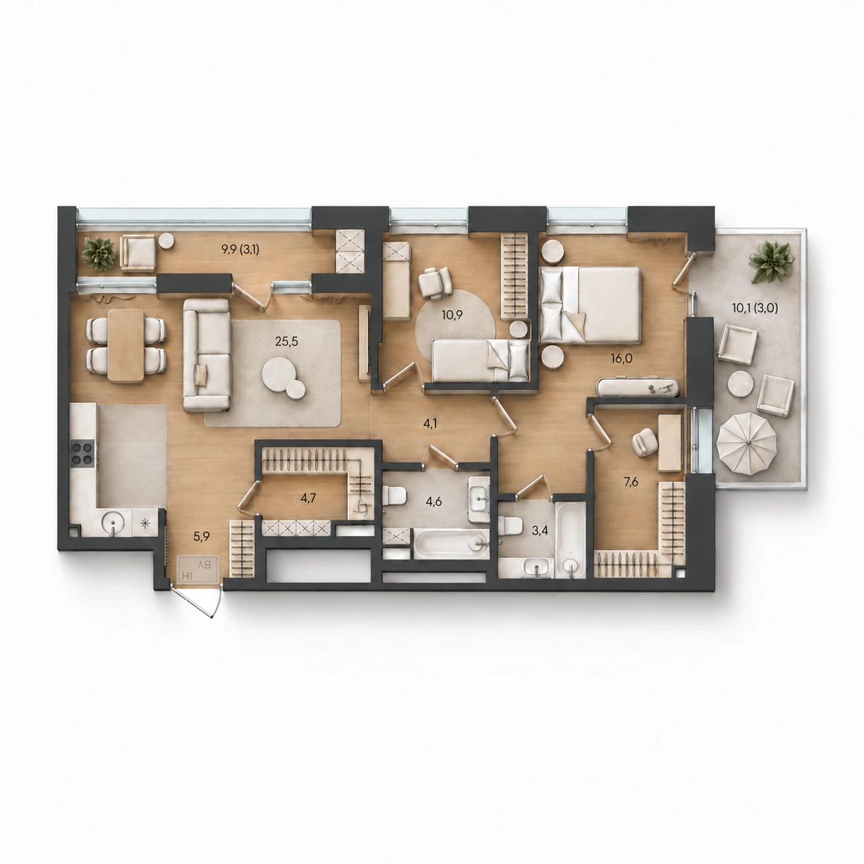 AI-иллюстрация планировки Стоун Райз 88,8 м²