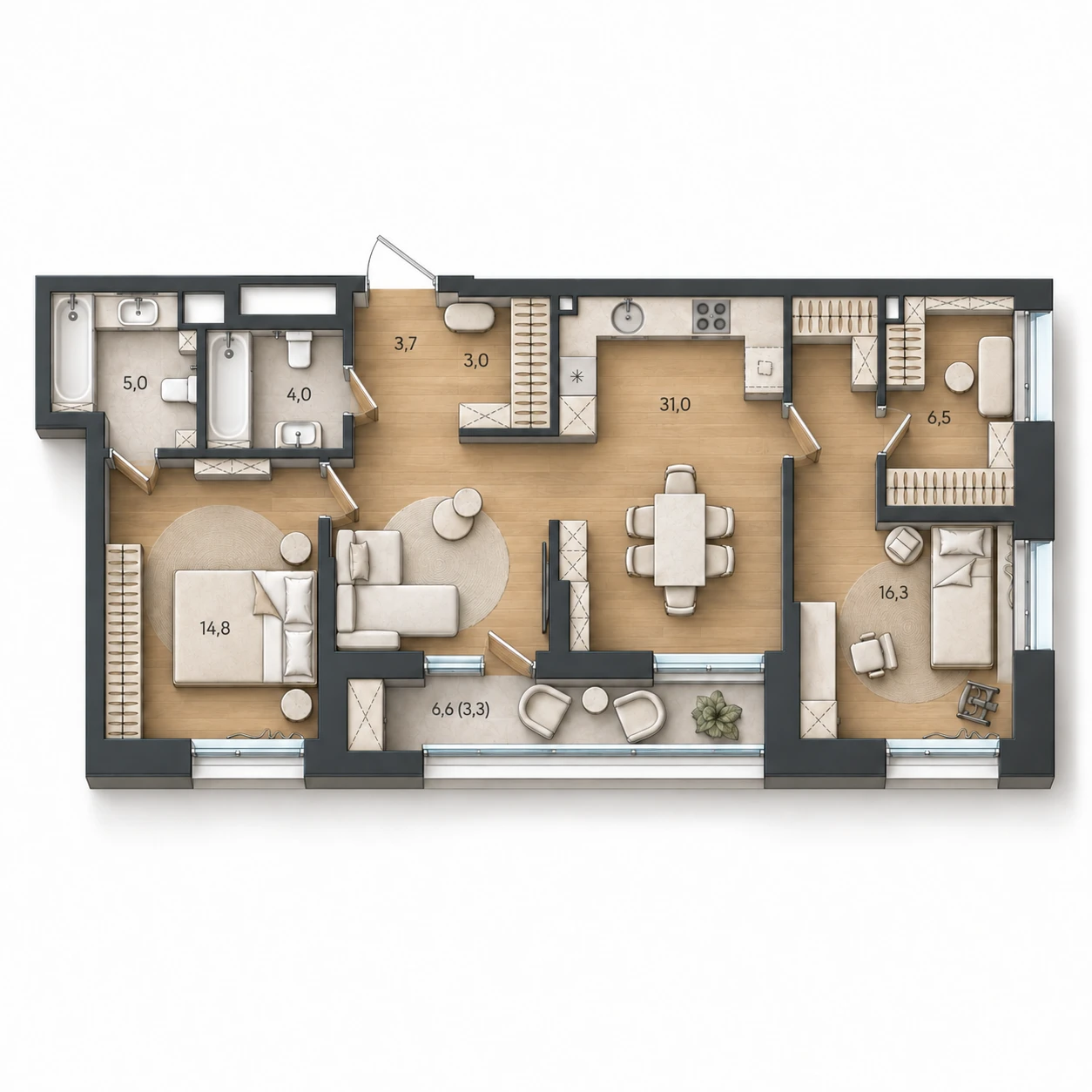 AI-иллюстрация планировки Стоун Райз 87,6 м²
