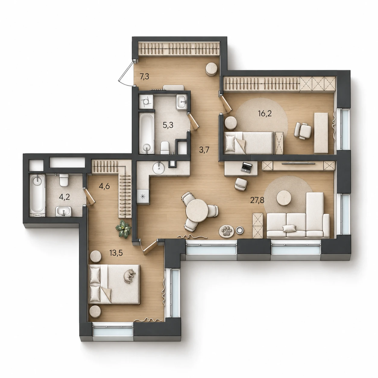AI-иллюстрация планировки Стоун Райз 82,6 м²