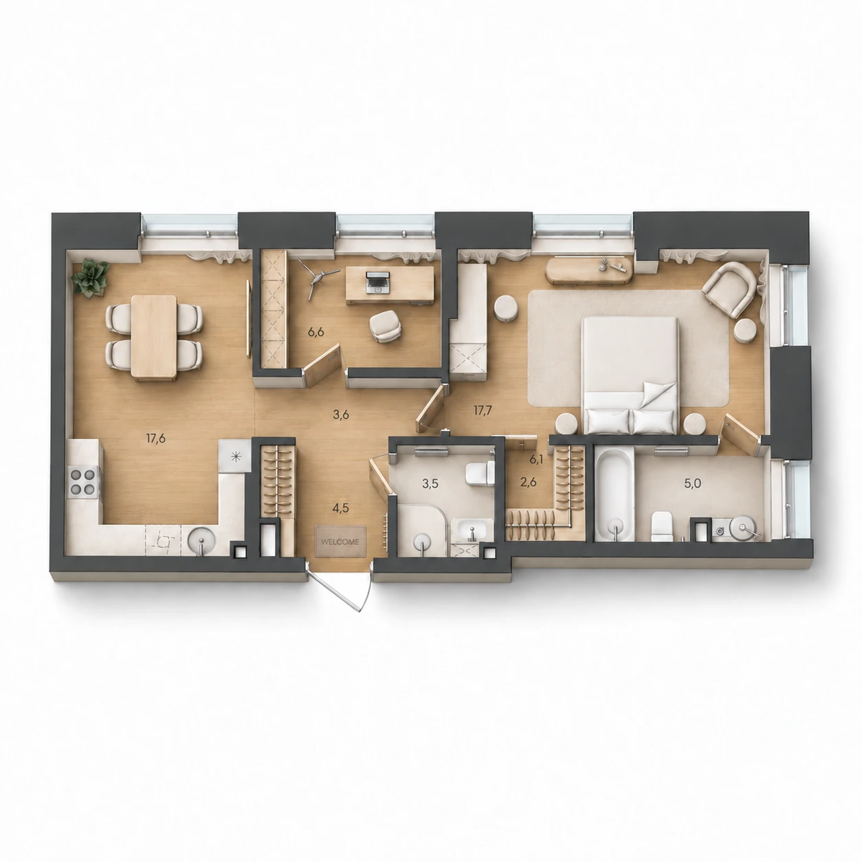 AI-иллюстрация планировки Стоун Райз 61,1 м²