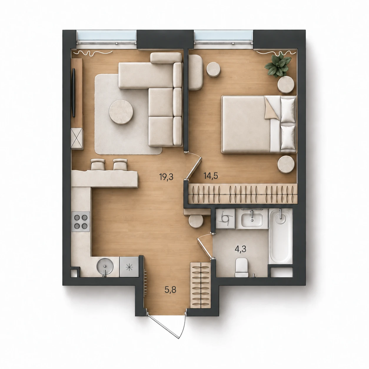 AI-иллюстрация планировки Стоун Райз 43,9 м²