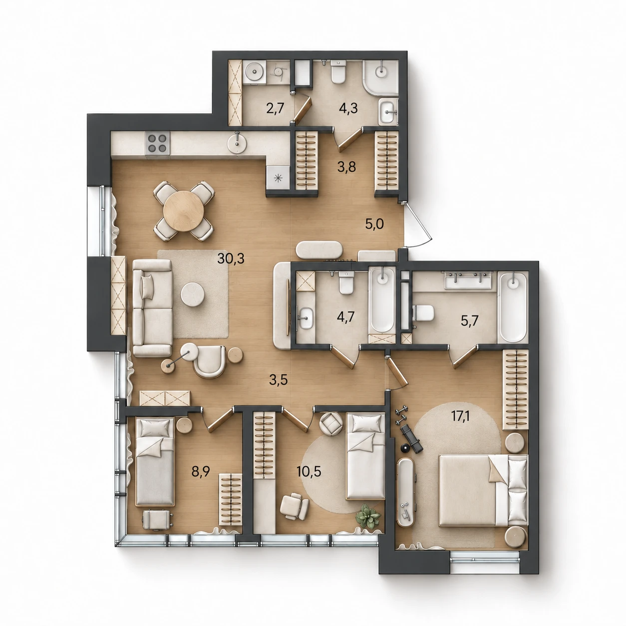 AI-иллюстрация планировки Стоун Райз 96,5 м²