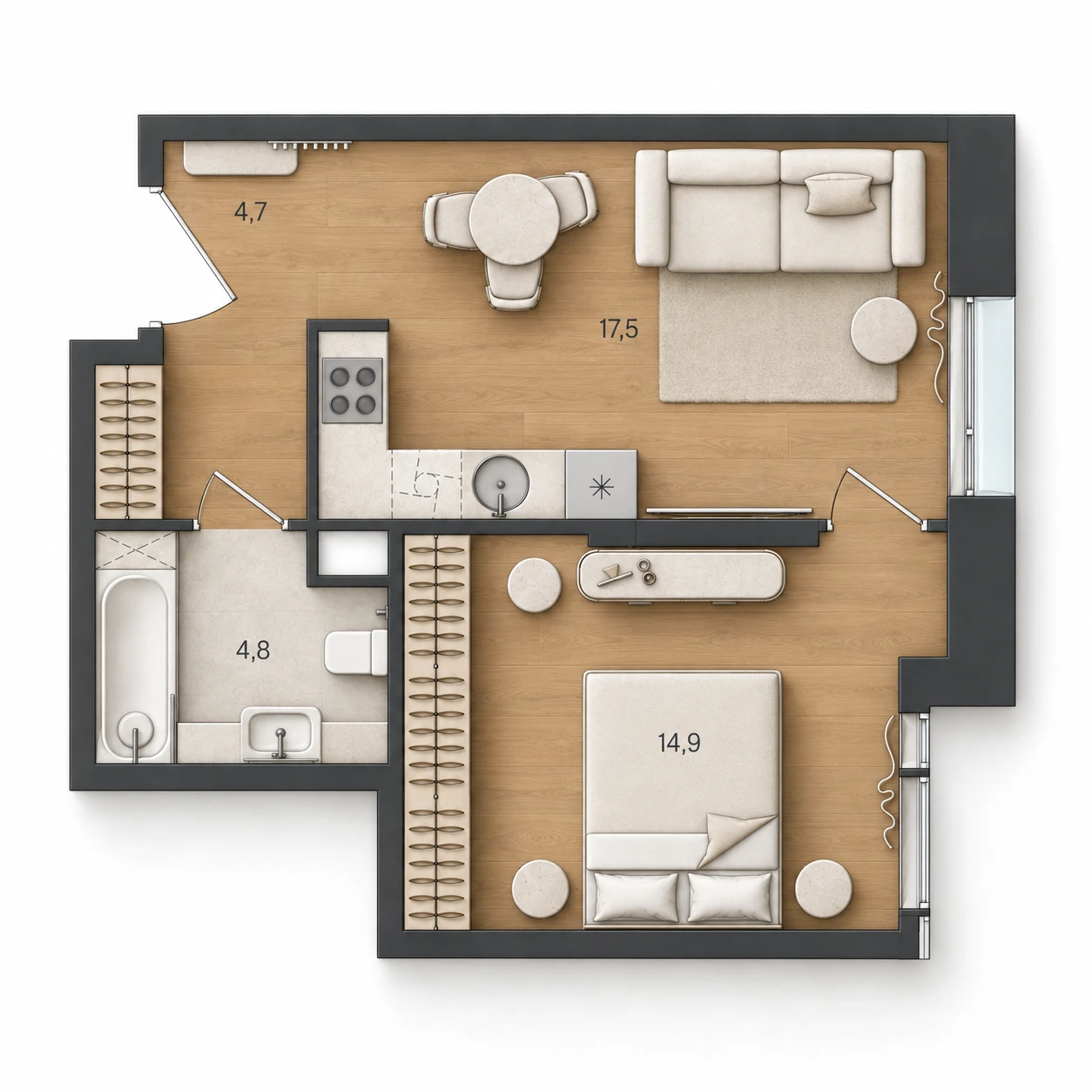AI-иллюстрация планировки Стоун Райз 41,9 м²