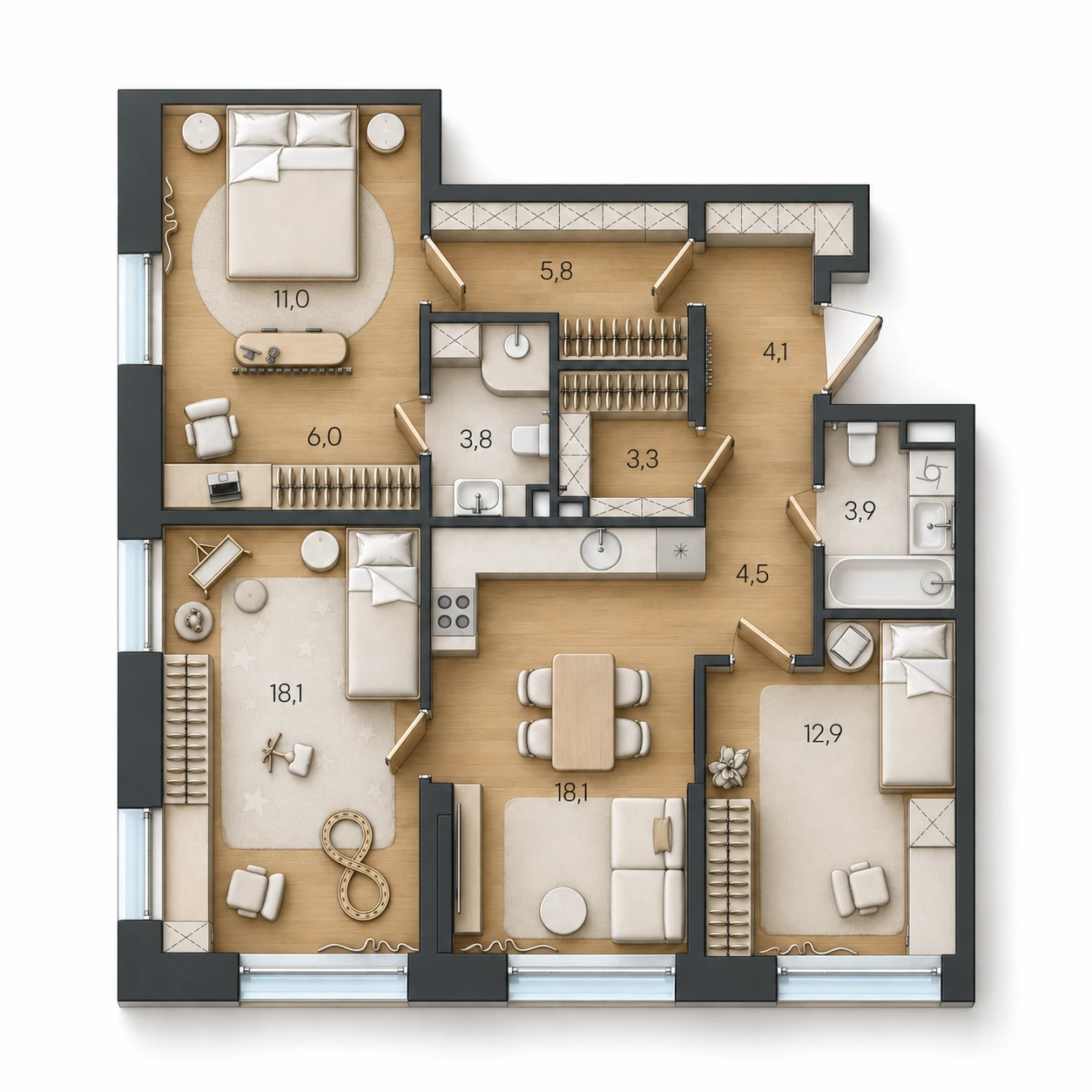 AI-иллюстрация планировки Стоун Райз 91,5 м²