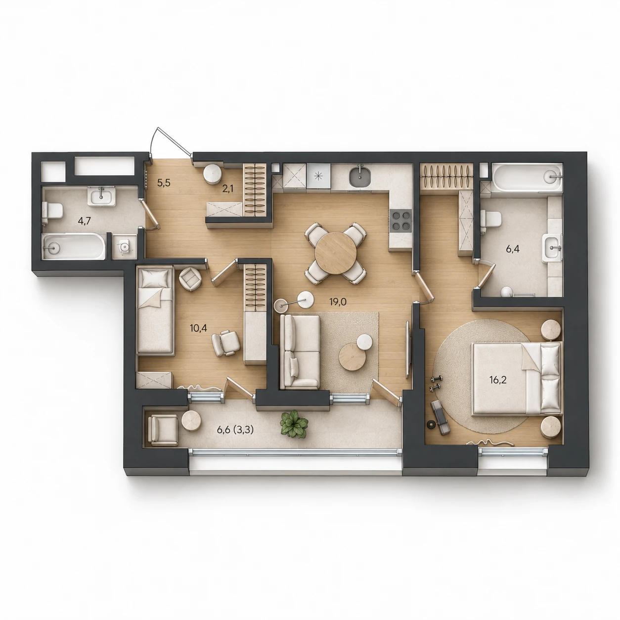 AI-иллюстрация планировки Стоун Райз 67,6 м²
