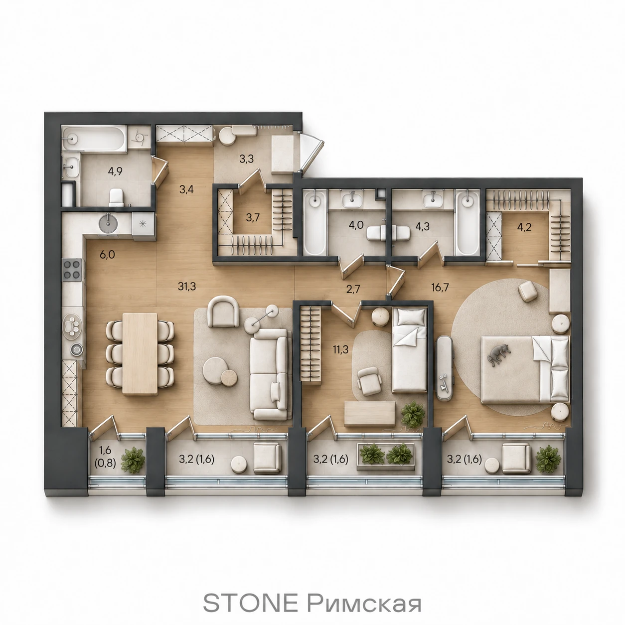 AI-иллюстрация планировки Стоун Райз 95,4 м²