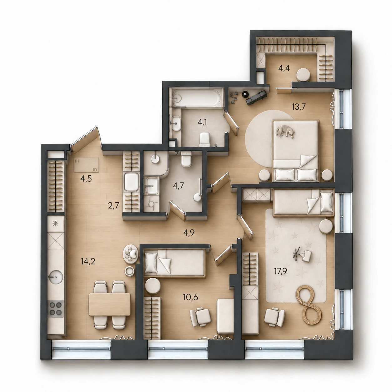 AI-иллюстрация планировки Стоун Райз 81,7 м²