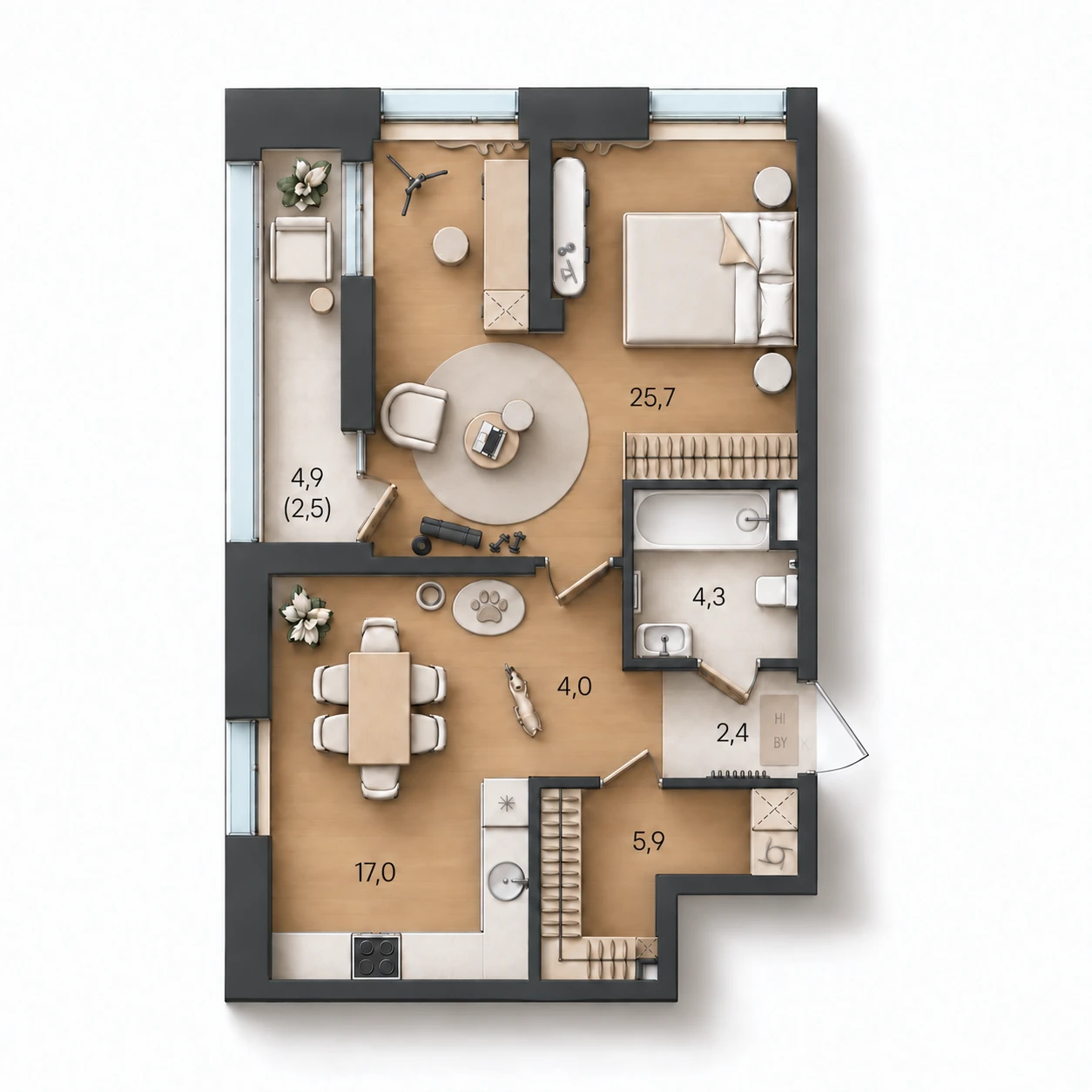 AI-иллюстрация планировки Стоун Райз 61,8 м²