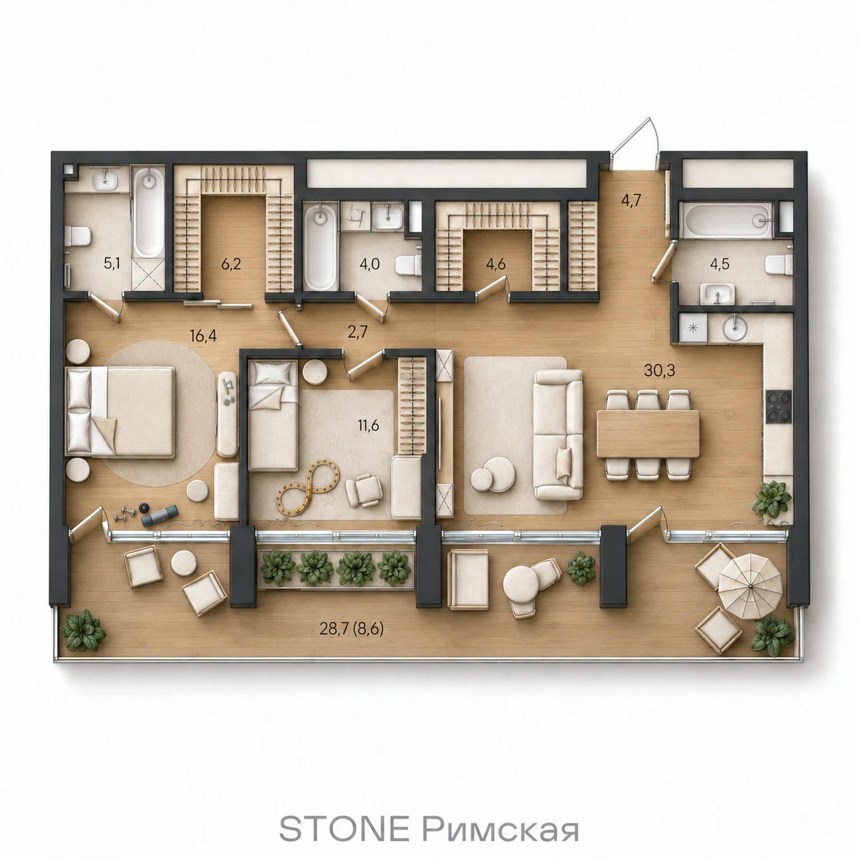 AI-иллюстрация планировки Стоун Райз 98,7 м²