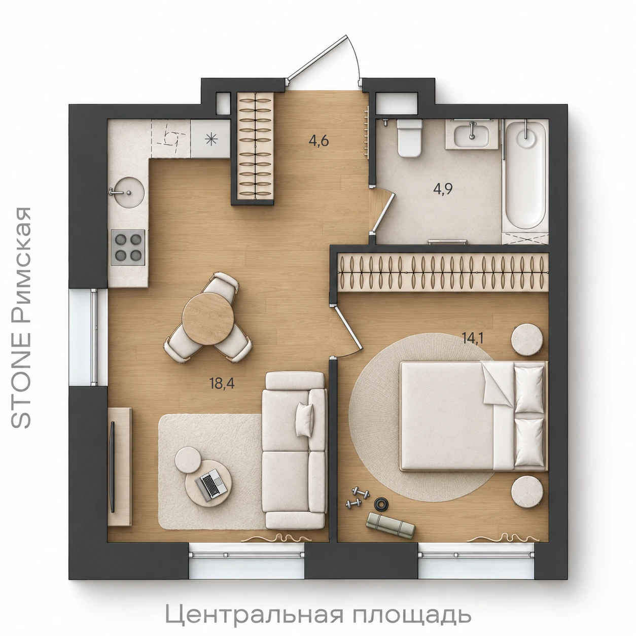 AI-иллюстрация планировки Стоун Райз 42 м²