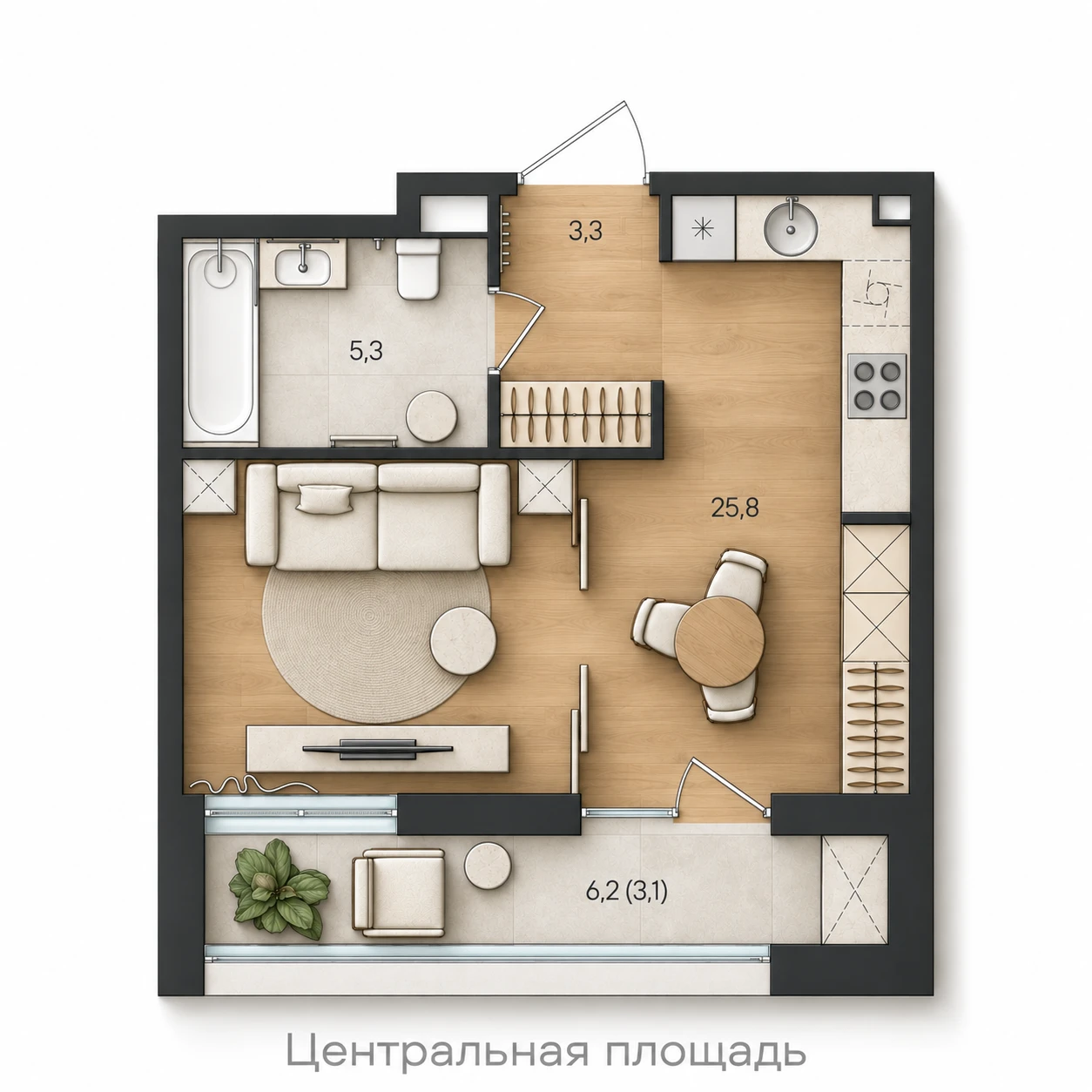 AI-иллюстрация планировки Стоун Райз 37,5 м²