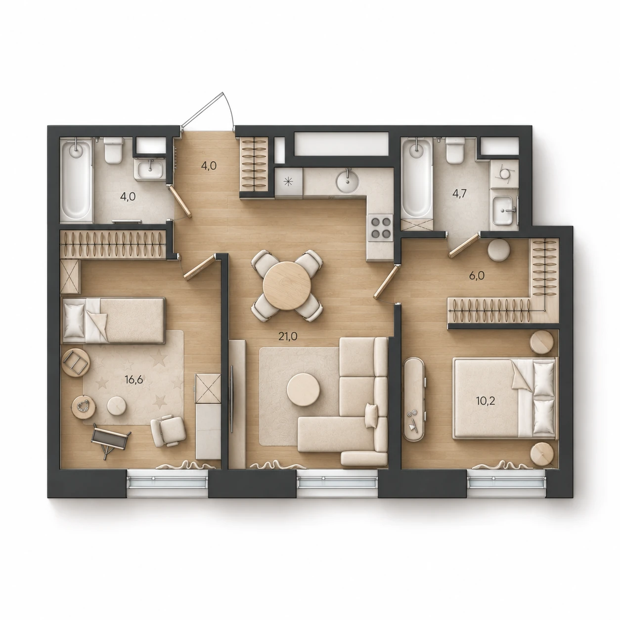 AI-иллюстрация планировки Стоун Райз 66,5 м²