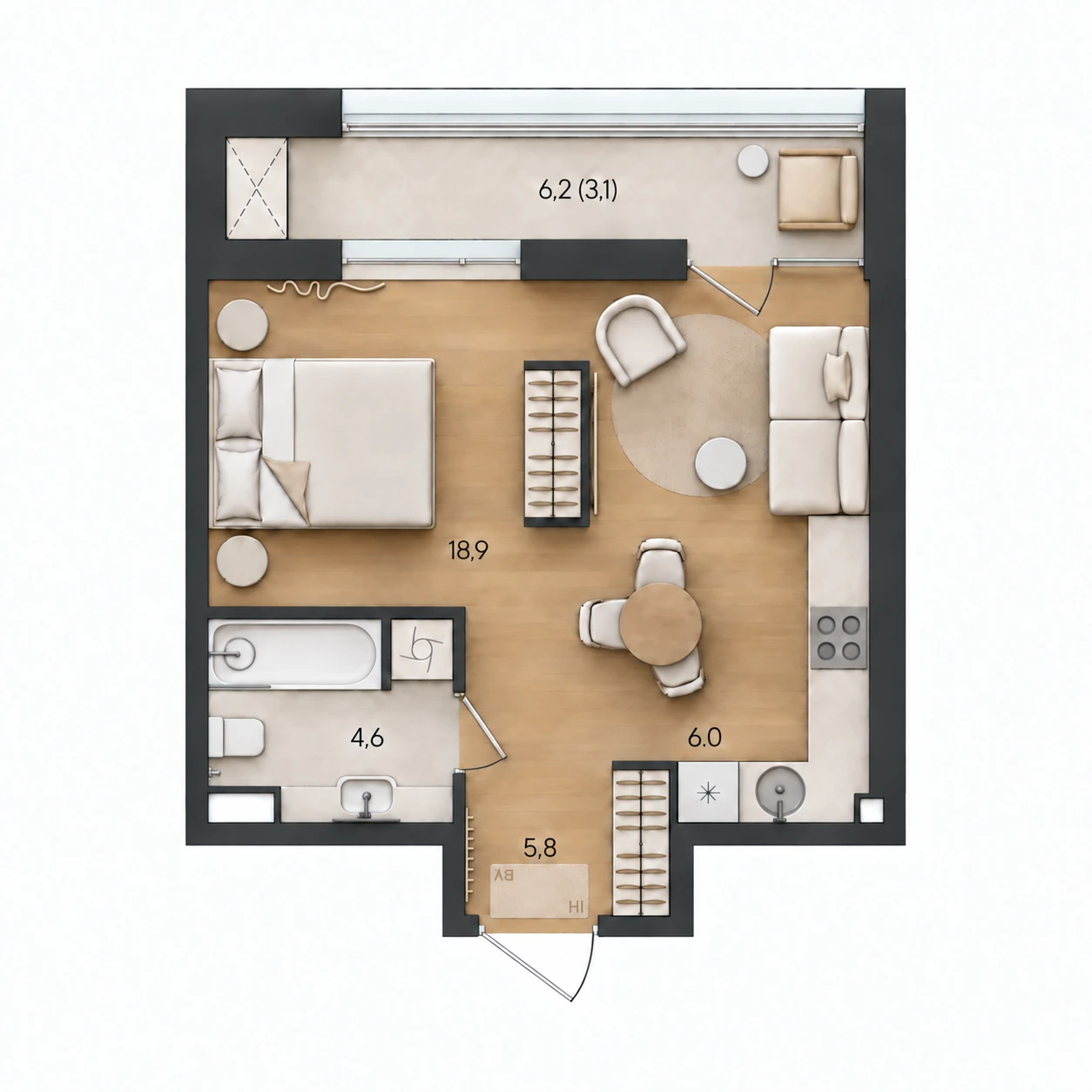 AI-иллюстрация планировки Стоун Райз 38,4 м²
