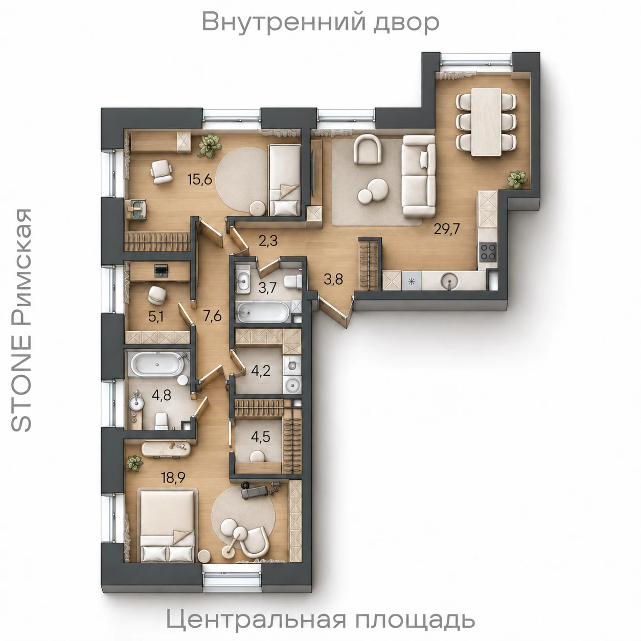 AI-иллюстрация планировки Стоун Райз 97,9 м²