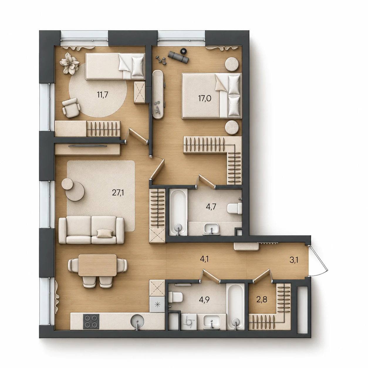 AI-иллюстрация планировки Стоун Райз 75,4 м²