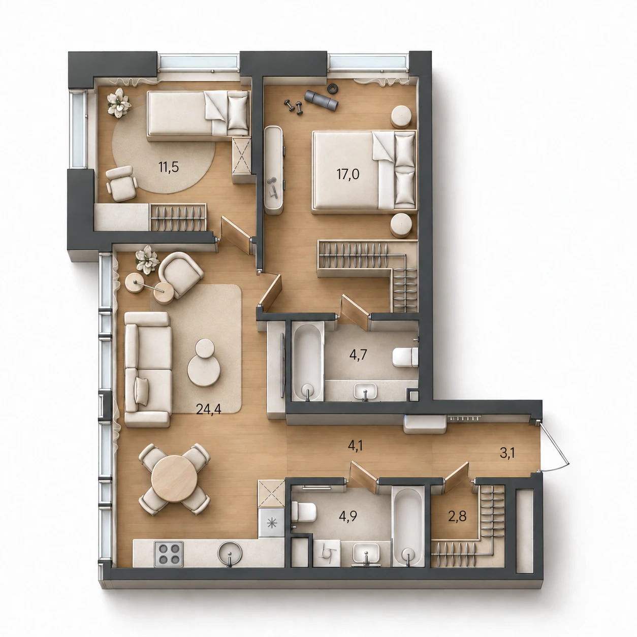 AI-иллюстрация планировки Стоун Райз 72,5 м²