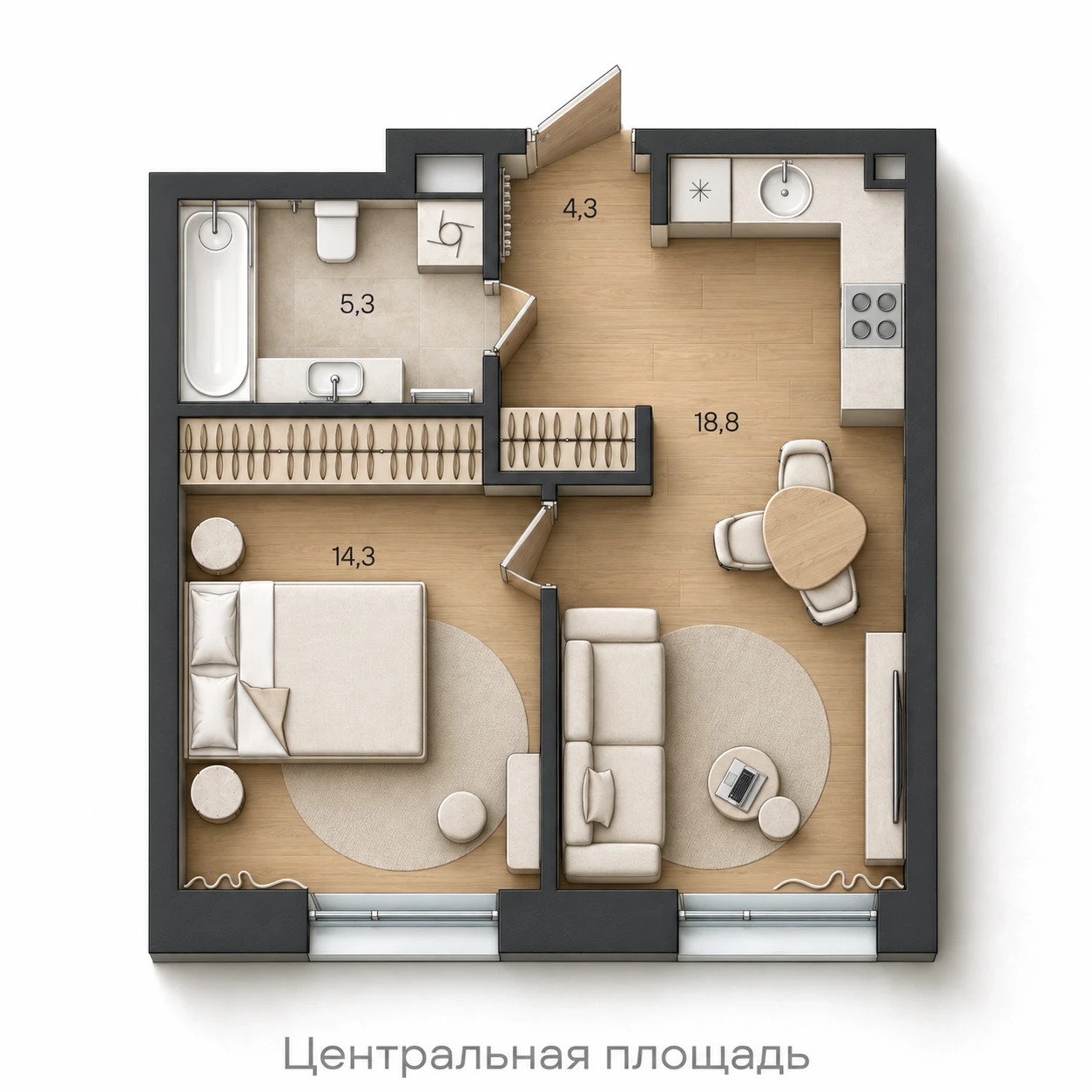 AI-иллюстрация планировки Стоун Райз 42,7 м²
