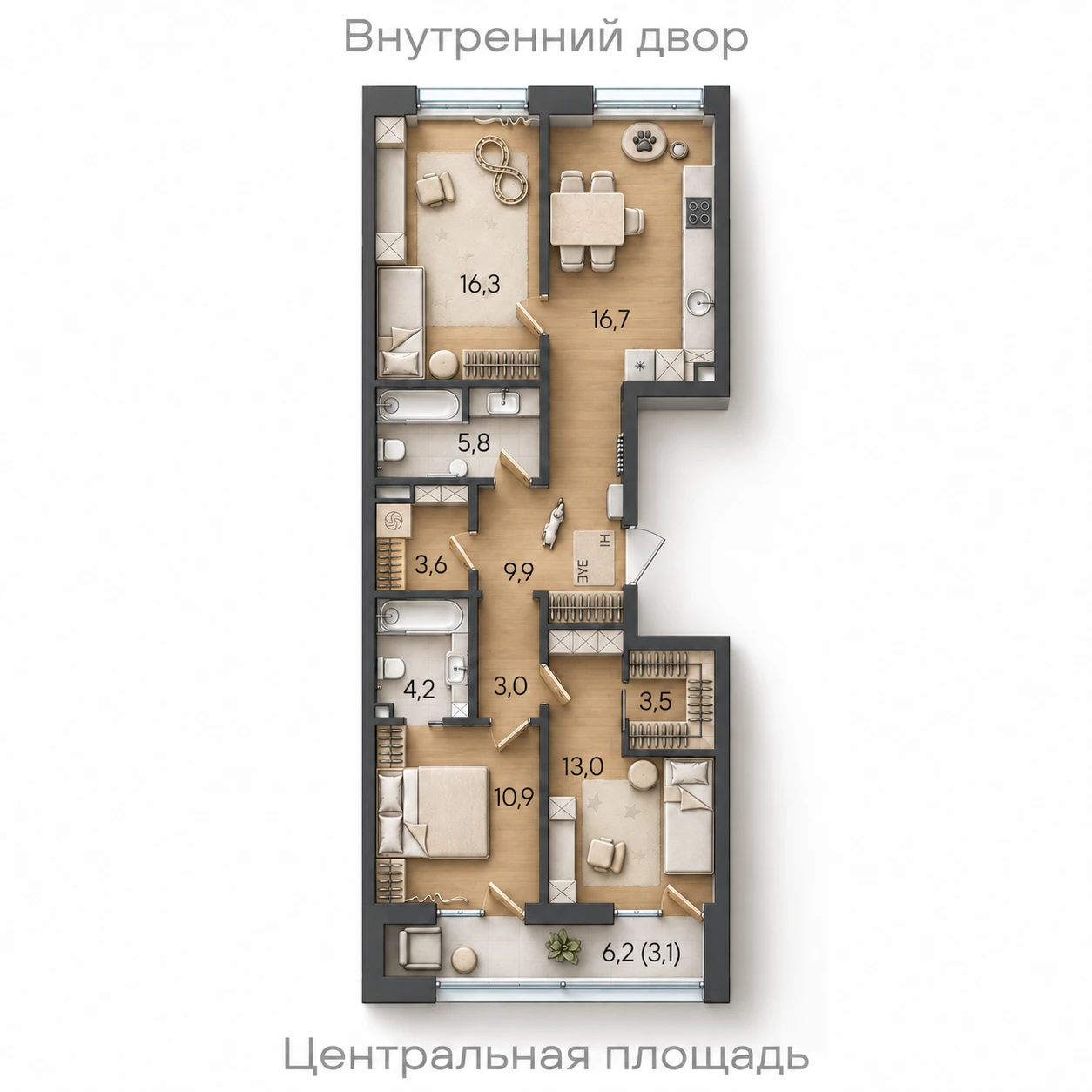 AI-иллюстрация планировки Стоун Райз 90 м²
