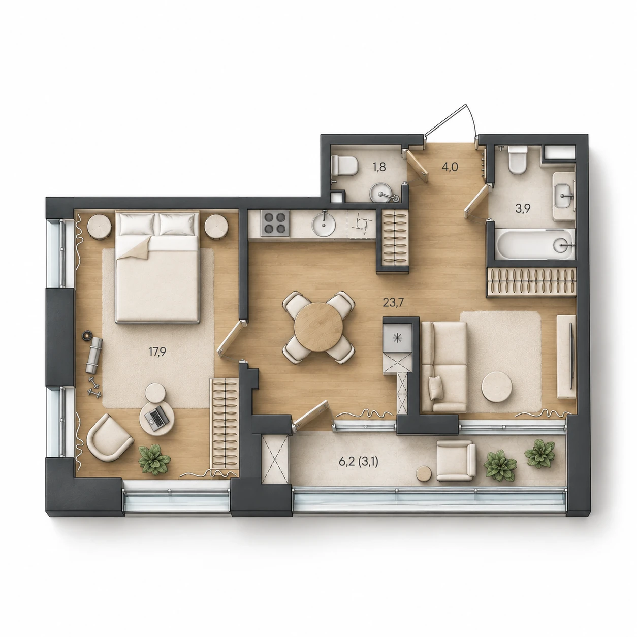 AI-иллюстрация планировки Стоун Райз 54,4 м²