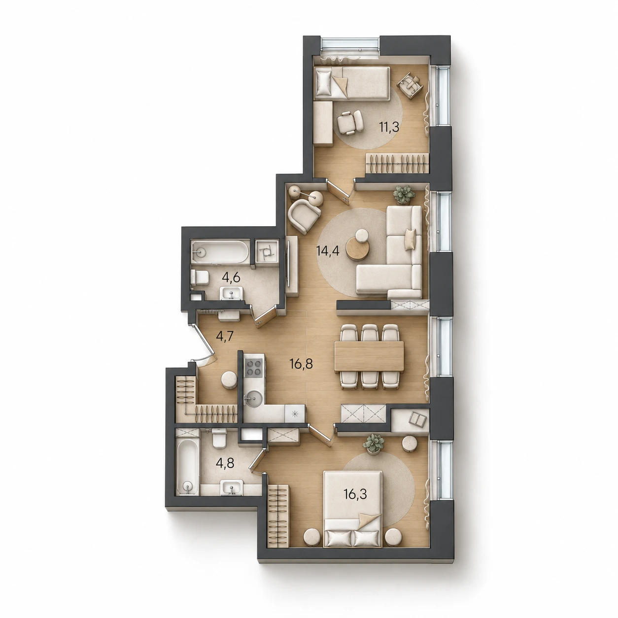 AI-иллюстрация планировки Стоун Райз 72,9 м²