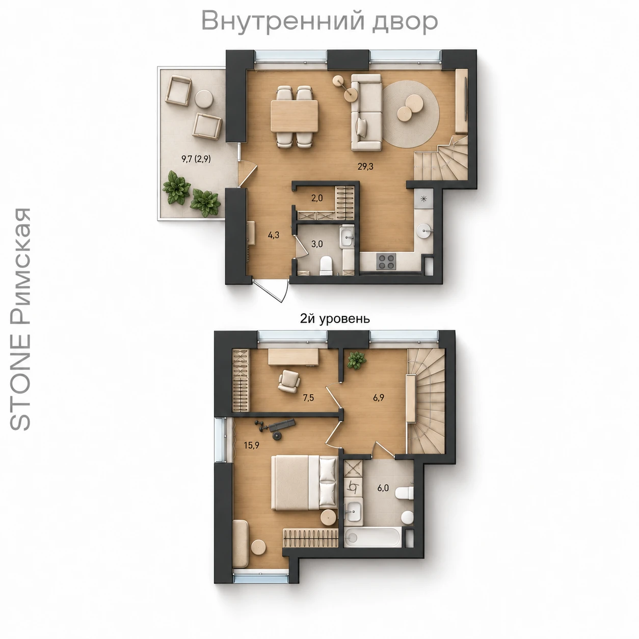 AI-иллюстрация планировки Стоун Райз 75,7 м²