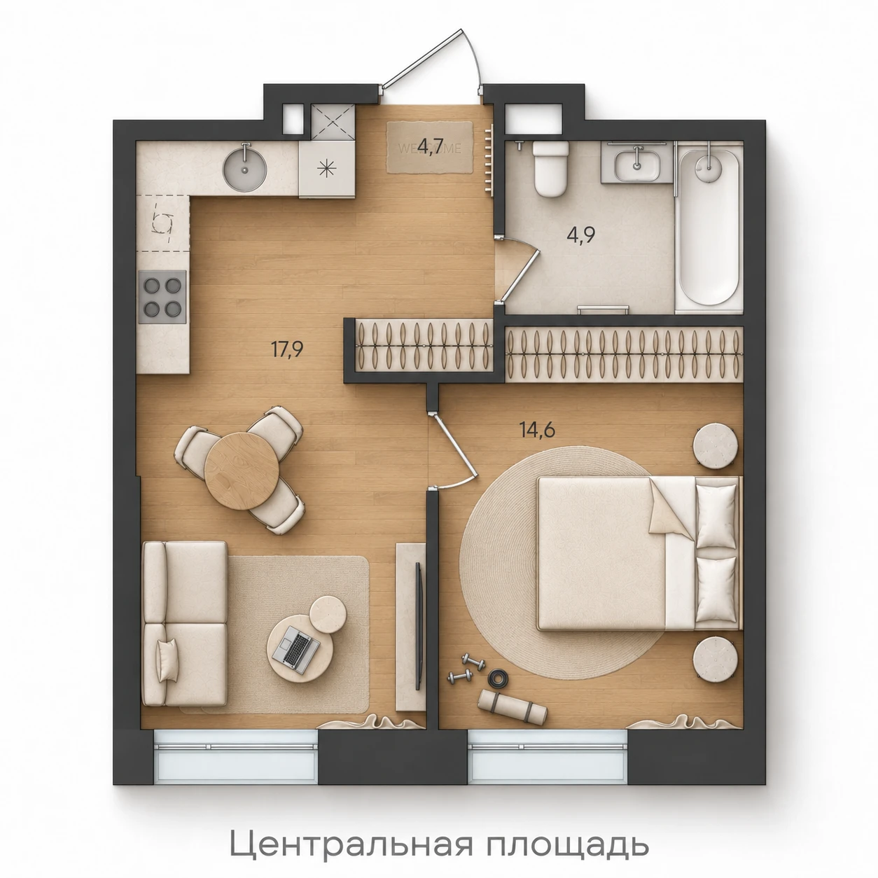 AI-иллюстрация планировки Стоун Райз 42,1 м²