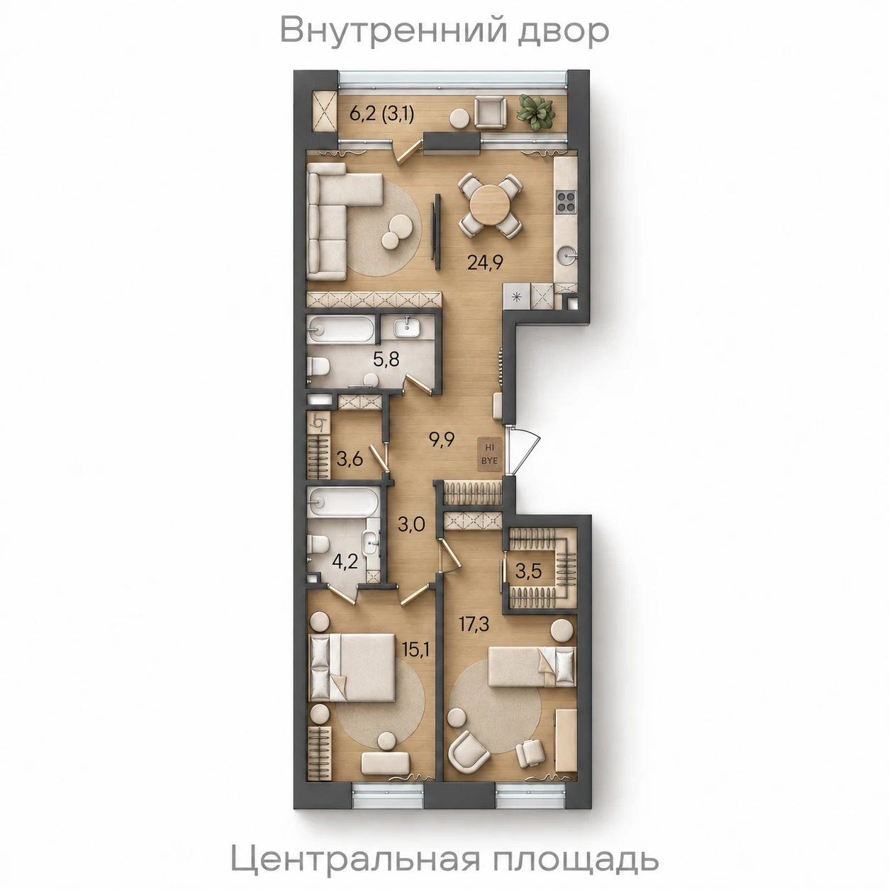 AI-иллюстрация планировки Стоун Райз 90,4 м²